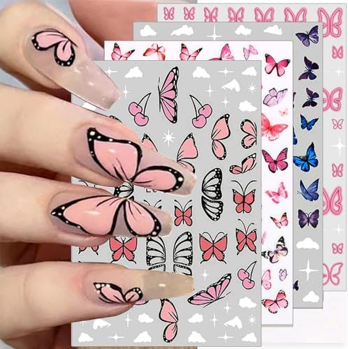 3D Pink Blue Butterfly Nail Stickers for Women Butterfly Nail Decals for Nail Art Supplies Butterfly Nail Art Stickers for Nail Designs Cartoon Butterfly Stickers for Nails Butterflies Nail Decor