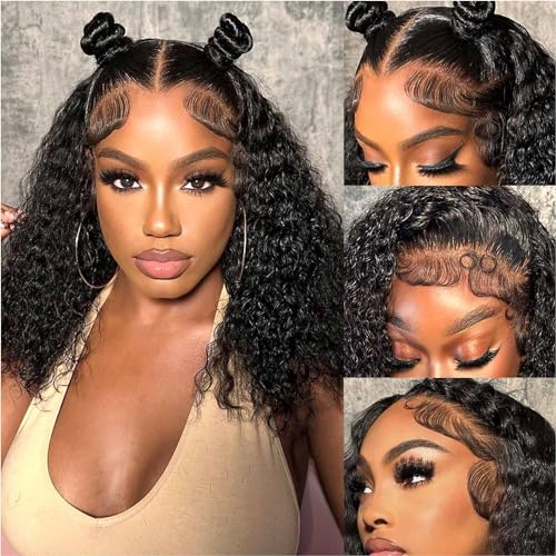 Curly Bob Wig Human Hair Glueless 13x4 HD Wet and Wavy Short Jerry Curly Lace Front Bob Wigs for Black Women Human Hair Pre Plucked Natural Hairline with Baby Hair Wear and Go 14 Inch