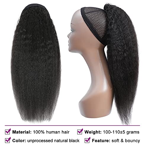 16 Inches Kinky Straight Ponytails Human Hair Drawstring Ponytail Extension Kinky Straight Clip in Pony Tail Hair Extensions for Black Women Natural Black Hair Pieces - Image 3