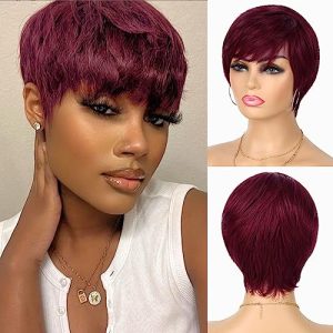 Glueless Wear and Go Wig Pixie Cut Short Human Hair Wigs for Black Women Full Machine Wigs 150% Density Layered Wavy Style Wigs with Bangs (99J)