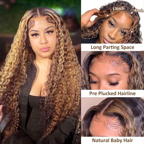 34inch Water Wave P4/27 Highlight 13x4 HD Transparent Lace Front Wigs Ombre Human Hair Wet and Wavy Curly Glueless Lace Frontal Wigs Pre Plucked with Baby Hair 180% Density - Image 2