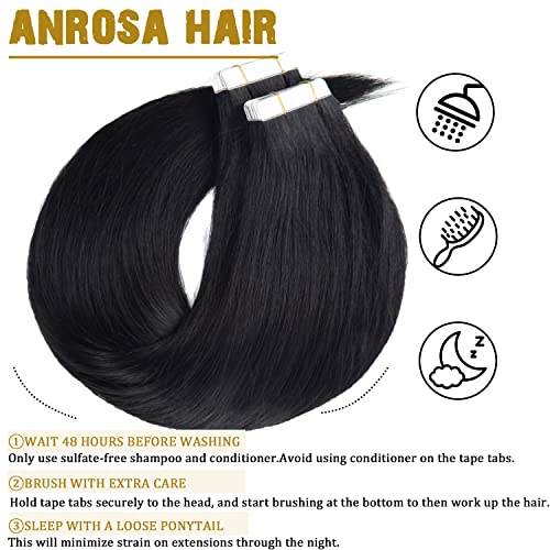 Anrosa Tape in Hair Extensions 16 Inch Double Sided Tape in Jet Balck Color Seamless PU Remy Hair Extension Brazilian Hair 50 Gram 20 Pcs Tape In Extensions Human Hair - Image 4