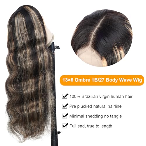 28 Inch 1b/27 Ombre Balayage Body Wave 210% Density Transparent HD Lace Frontal Human Hair Wig with Baby Hair - Image 3