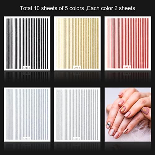 10 Sheets 3D Glitter Lines Nail Stickers Holographic Nails Art Stickers Colorful Metal Stripe Nail Decals Self Adhesive Geometric for Women Girls French Tip Manicure DIY Supplies - Image 2