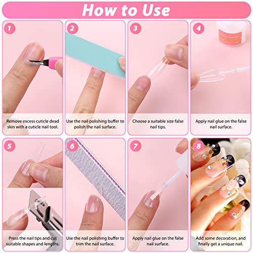 600PCS Clear Coffin Nail Tips Set Qinzave Clear Acrylic Nail Tips with Nail Glue Clear Coffin Nails Tip Full Cover with Nail Display Stand, Cuticle Nail Pusher Remover, Nail Clipper Nail Files Buffer - Image 8