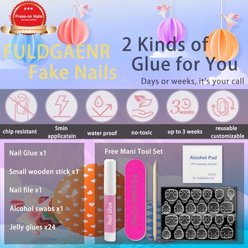 Easter Nails Press on Nails Short Square Fake Nails with Designs Pink Cute Bunny Flower Full Cover Acrylic Artificial Spring False Nails Summer Glue on Nails for Women and Girls 24Pcs - Image 5