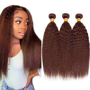 24 26 28 Inch Color #4 Bundles Kinky Straight Human Hair Bundles Brazilian Unprocessed Virgin Remy Human Hair 3 Bundles Dark Brown Yaki Straight Bundles Double Weft Hair Weave for Women