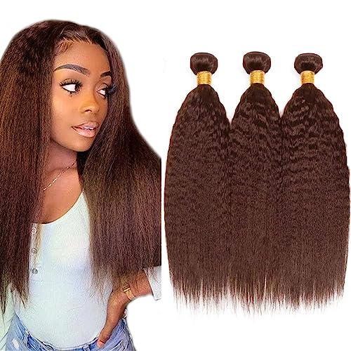 24 26 28 Inch Color #4 Bundles Kinky Straight Human Hair Bundles Brazilian Unprocessed Virgin Remy Human Hair 3 Bundles Dark Brown Yaki Straight Bundles Double Weft Hair Weave for Women