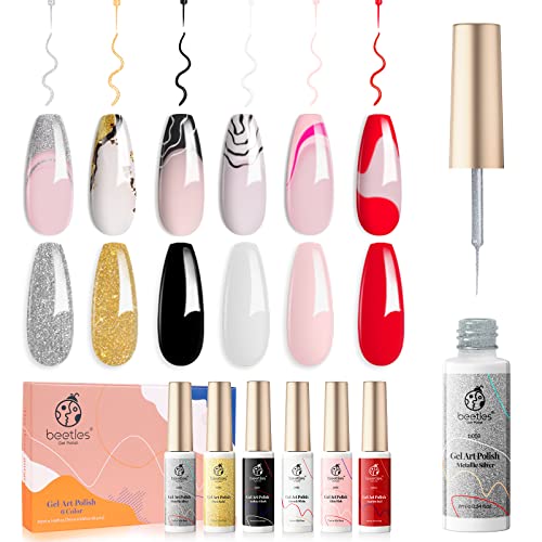 beetles Gel Polish Nail Art Liner Set with 6 PCS Jelly Gel Polish Nude Pink Color Gel Neutral Nail Art Design Translucent Gel Nail Kits 6 Pcs Black White Red Gold Silver Glitters Colors Paint - Image 2