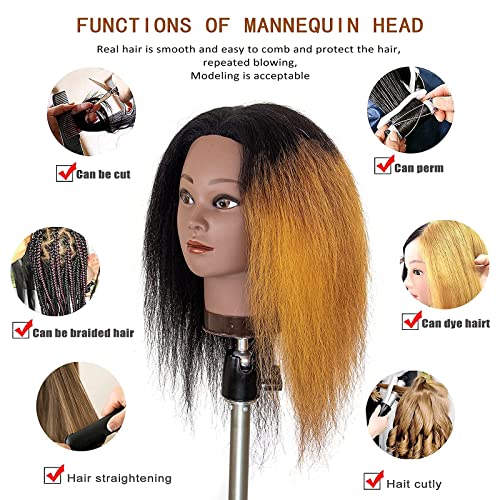 Mannequin Head 100% Real Human Hair,16" Styling Braiding Doll Head,Dyeing Curling Training Head,Hairdresscer Practice Manikin Head - Image 2