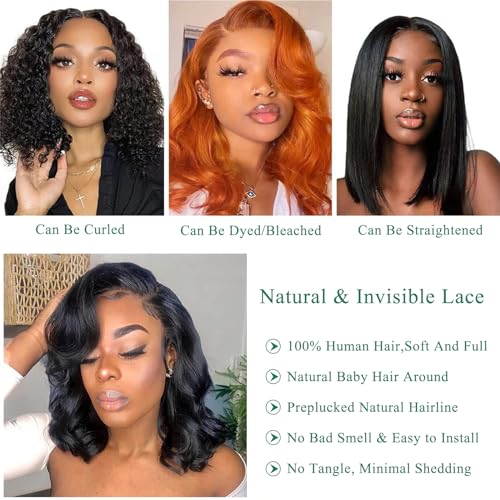 Bob Wig Human Hair 13x4 Frontal Lace Wig Body Wave HD Lace Front Wigs Human Hair Pre Plucked Short Bob Wigs for Women Human Hair Glueless Wig Natural Black Color (10 inch, Bob Wig Human Hair) - Image 5