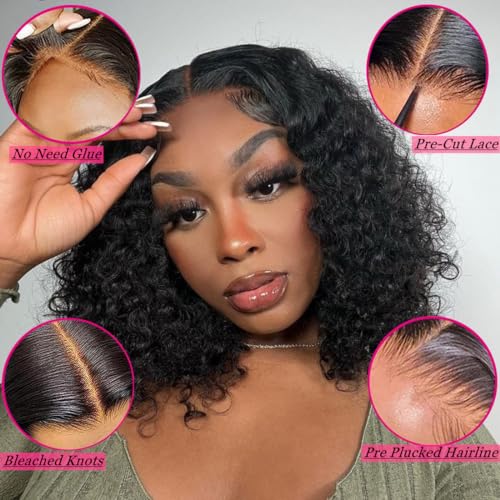 Wear and Go Glueless Wigs Human Hair Pre Plucked Pre Cut for Beginners Deep Wave Bob Wig Human Hair Lace Front Wigs for Black Women Upgraded No Glue Curly 4x4 HD Lace Closure Wigs Human Hair 12 Inch - Image 5