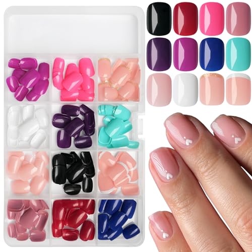 LoveOurHome 288pc Round Square Press on Nails Short Fake Nails Tips Acrylic Nails Press ons Nail Square Short Glue on Nail French Tips Press on Nail Women Girls Artificial False Nail & Adhesive Tabs