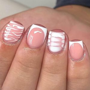 Press on Nails Short, White French Manicure Light Pink Full Cover Fake Nails Acrylic False Nails with White Stripes Designs Artificial Glue on Nails for Women 24 Pcs
