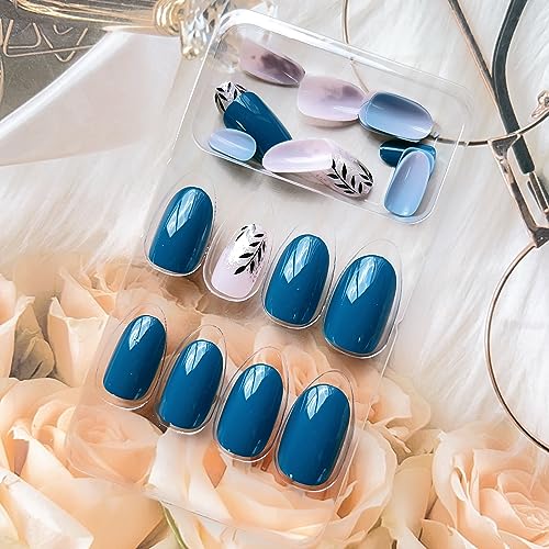 24 Pcs Fall Press on Nails Medium, LPOODDNU Almond Press on Nails Black Leaf Fake Nails, Full Cover Blue Glue on Nails, Reusable Stick on Nails - 24Pcs Medium Almond False Nails Set - Image 4