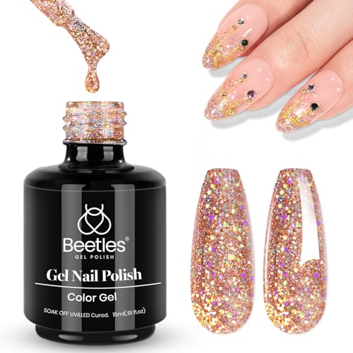 Beetles Gel Nail Polish 1 Pcs 15ml 0.51 FL.OZ Rose Gold Reflective Pink Glitter Gel Polish Dazzling Princess Soak Off U V LED Gel Polish Nail Art Design Manicure Salon DIY Salon Gel