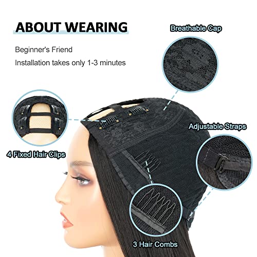Wear And Go Glueless U Part Human Hair Wigs for Black Women Brazilian Remy Straight Short Bob Human Hair Half Wig (16 Inch) - Image 5