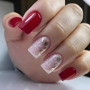 24Pcs Christmas Press on Nails Medium Square Fake Nails Red Glossy False Nails Press Ons with Snowflake Gold Foil Designs Pink Nail Tips Full Cover Artificial Glue on Nails Acrylic Nail Kit for Women