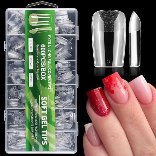 LoveOurHome 600pc Square Gel x Nail Tips Medium Fake Nail Clear False Nail Tips Square Full Cover Artificial Fingernails Soft Gel X Nail Art Tips for Acrylic Nails Gel X Extension Press Nail Making