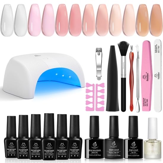 Beetles Gel Nail Polish Kit with U V Led Nail Lamp 6 Colors White Sheer Pink Nude Jelly Brown Gel Polish Starter Kit Manicure Soak off UV Light Gel Nail Polish Set Salon DIY Nail Decoration