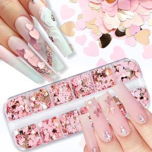 12Grids Valentine's Day Nail Glitter Sequins Holographic Gold Pink Heart Nail Art Glitter Flakes 3D Flower Rabbit Butterfly Charm Nail Sequins Glitter Nail Supplies for Acrylic Nail Decor Accessories
