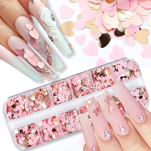 12Grids Valentine's Day Nail Glitter Sequins Holographic Gold Pink Heart Nail Art Glitter Flakes 3D Flower Rabbit Butterfly Charm Nail Sequins Glitter Nail Supplies for Acrylic Nail Decor Accessories