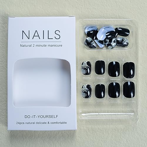 Press On Nails Short Square Black Snake Print Fake Nails Acrylic False Nail Tips Kit Glue on Nails for Women - Image 5