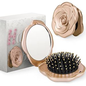 Compact Folding Hair Brush with Integrated Mini Mirror, Portable Nylon Design for All Hair Types