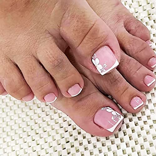 White French Tip Press on Toenails,Short Square Fake Toe Nails Spring Summer Flower False Toe Nails Full Cover Glue on Toenails Glossy Acrylic Toenails Stick on Toenails for Women and Girls 24Pcs