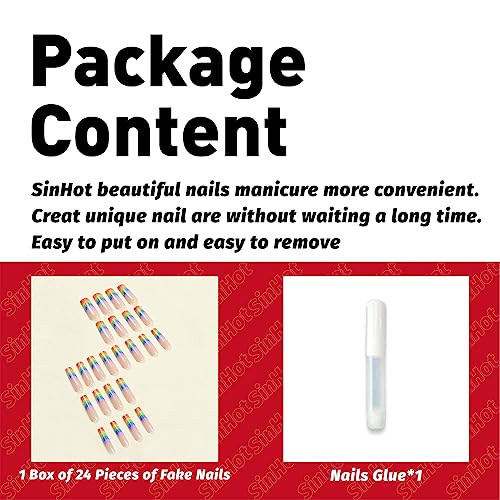 SINHOT Long Square Press on Nails Squoval French Tip Fake Nails Glossy Glue on Nails Acrylic Nails Rainbow Colors False Nails with Designs 24 pcs - Image 6