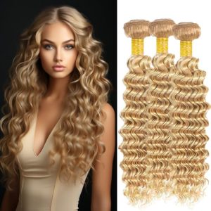 Ombre Bundles Highlight Human Hair Bundles P27/613 Honey Blonde Deep Wave Bundles Human Hair 22 24 26 Inch 8A Grade Unprocessed Brazilian Virgin Hair 300g Double Weft Weave Extensions for Black Women