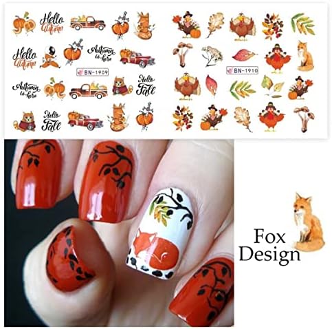 Fall Nail Art Stickers Maple Leaves Nail Water Decals Transfer Foils for Nail Supplies Thanksgiving Nail Stickers Autumn Maple Leaf Pumpkins Turkey Nail Design for Women DIY Manicure Decorations 12PCS - Image 3