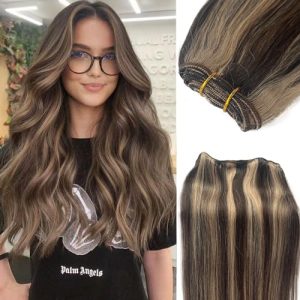 Sew in Hair Extensions Real Human Hair for Women Brown Weft Hair Extensions 18 Inch Highlighted Weft Hair Extensions Human Hair Dark Brown with Beige Brown Sew in Extensions Real Human Hair Full Ends