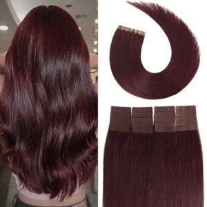 Aison Tape in Hair Extensions Real Human Hair Wine Red 99j 100% Remy Human Hair Extensions Burgundy Silky Straight for Fashion Women 20 Pcs/Package(14Inch #99j 30g)
