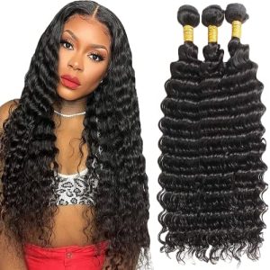 Deep Wave Human Hair Bundles Loose Deep Wave Bundles Human Hair 14 16 18 Inch Double Weft Weave Extensions Hair Soft And Healthy 8A Grade Unprocessed Brazilian Virgin Hair For Black Women