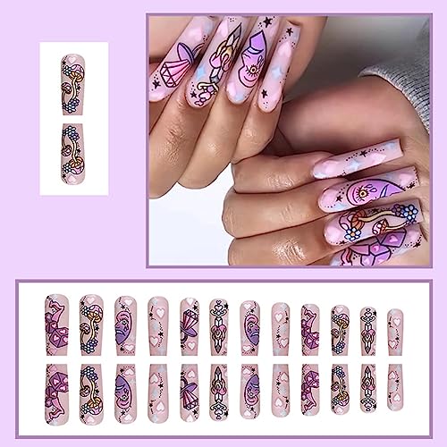 Long Pink Graffiti Ballerina False Nails for Women and Girls, 24 Piece Set - Image 2