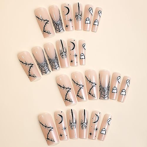 Extra Long Press on Nails Halloween Fake Nails Full Cover Square Shaped False Nails with Ghost Spider Moon Halloween Designs Glossy Silver Glitters Acrylic Nails Halloween Glue on Nails for Women - Image 3