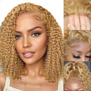 Honey Blonde Curly Wig Human Hair 12 Inch 13x4 Blonde Deep Wave HD Lace Front Wigs Pre Plucked with Baby Hair #27 Color Blonde Water Wave Lace Closure Human Hair Wig 150 Density for Women