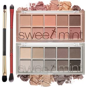 Sweet Mint 10 Colors Eyeshadow Palette, 2Pcs Smooth Matte Eyeshadow Makeup Palette, High Pigmented, Blendable Long Lasting Neutral Eye Palette with Professional Eyeshadow Brush (04and05)
