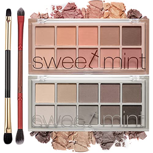 Sweet Mint 10 Colors Eyeshadow Palette, 2Pcs Smooth Matte Eyeshadow Makeup Palette, High Pigmented, Blendable Long Lasting Neutral Eye Palette with Professional Eyeshadow Brush (04and05)