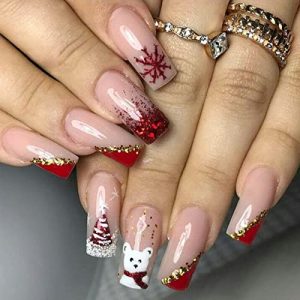 Christmas Nude Press on Nails Medium Square Glossy Fake Nails with Snowflake Bear and Tree Designs Red Sequins Full Cover Stick on Nails Artificial Acylic False Nails Glue on Nails for Women