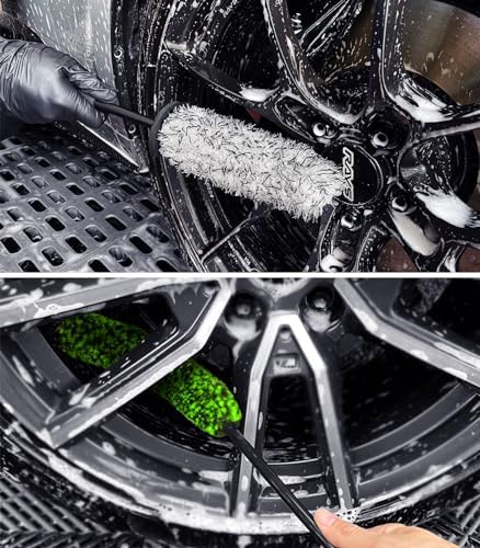 Green 4 Pack Microfiber Car Wheel Brush Kit Long Handle Bendable Rim Cleaner - Image 7