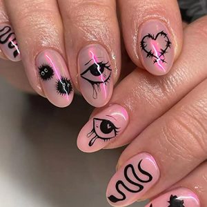 Short Almond Press On Nails Coffin Shape Full Cover Reusable False Nails Stick On Nails with Love Heart Eye Pattern Design Artificial Fingernails Acrylic Black Rose Fake Nails for Women Glue On Nails