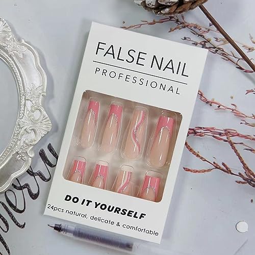 24 Pcs Long Press on Nails Square Fake Nails Glossy Pink French False Nails Tips Full Cover Glitter Line Designs Acrylic Nails French Tip Artificial Nails Stick on Nails for Women Nail Decorations - Image 4
