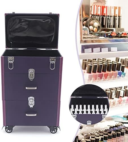 Purple 3-Tier Rolling Makeup Train Case with 4 Wheels for Nail Polish and Jewelry - Image 8