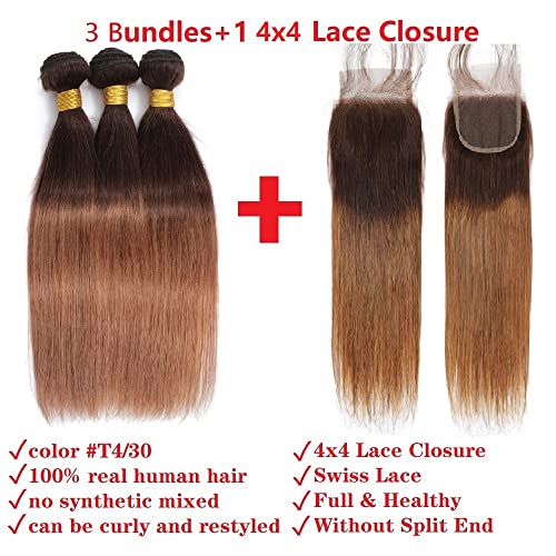 Ombre Straight Hair Bundles With Closure 10A Brazilian Virgin Remy Human Hair 2 Tone T4/30 Ombre Straight Human Hair Bundles with 4x4 Lace Closure Free Part (12 14 16 +12) - Image 5