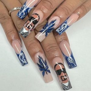 Extra Long Square Coffin Fake Nails Pink French Tip Blue Maple Leaf Design 24 Piece Set