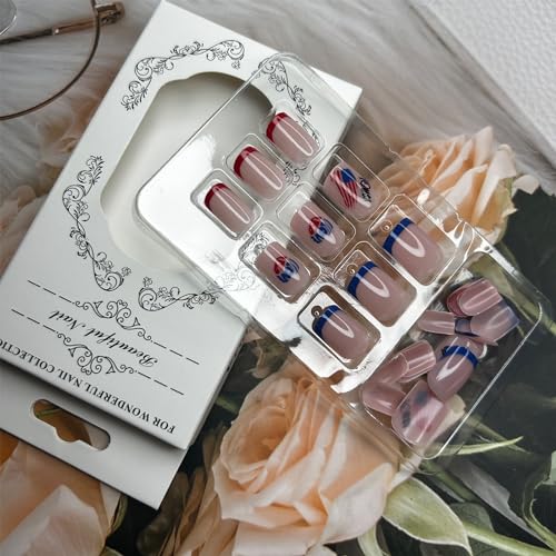 4th of July Press on Nails Short Square Glossy Fake Nails Independence Day Full Cover Stick on Nails with Red White Blue French Tips Design False Nails Artificial Nails Glue on Nails for Women 24Pcs - Image 4