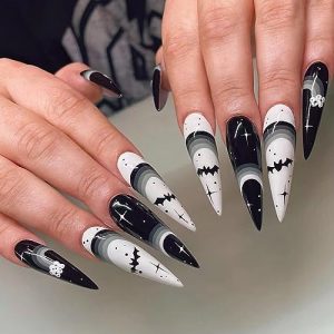 24 Piece Long Pointed Black & White Halloween Press-On Nails with Bat Ghost Design