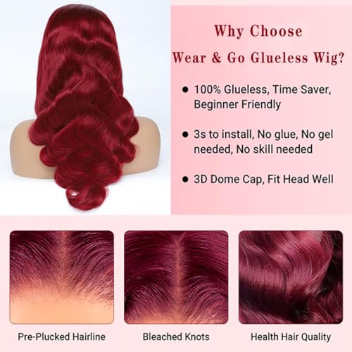 99J Burgundy Lace Front Wigs Human Hair Glueless Wigs Human Hair Pre Plucked Pre Cut Body Wave Lace Front Wigs Human Hair Pre Plucked Closure Wigs Human Hair Wear and Go Glueless Wig 4X4 18 Inch - Image 5
